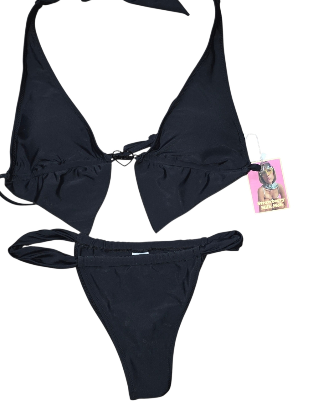 Strawberry Milk Mob Black Bikini Set M Y2K Triangle Tie Swim Minimal Chic - Picture 2 of 10